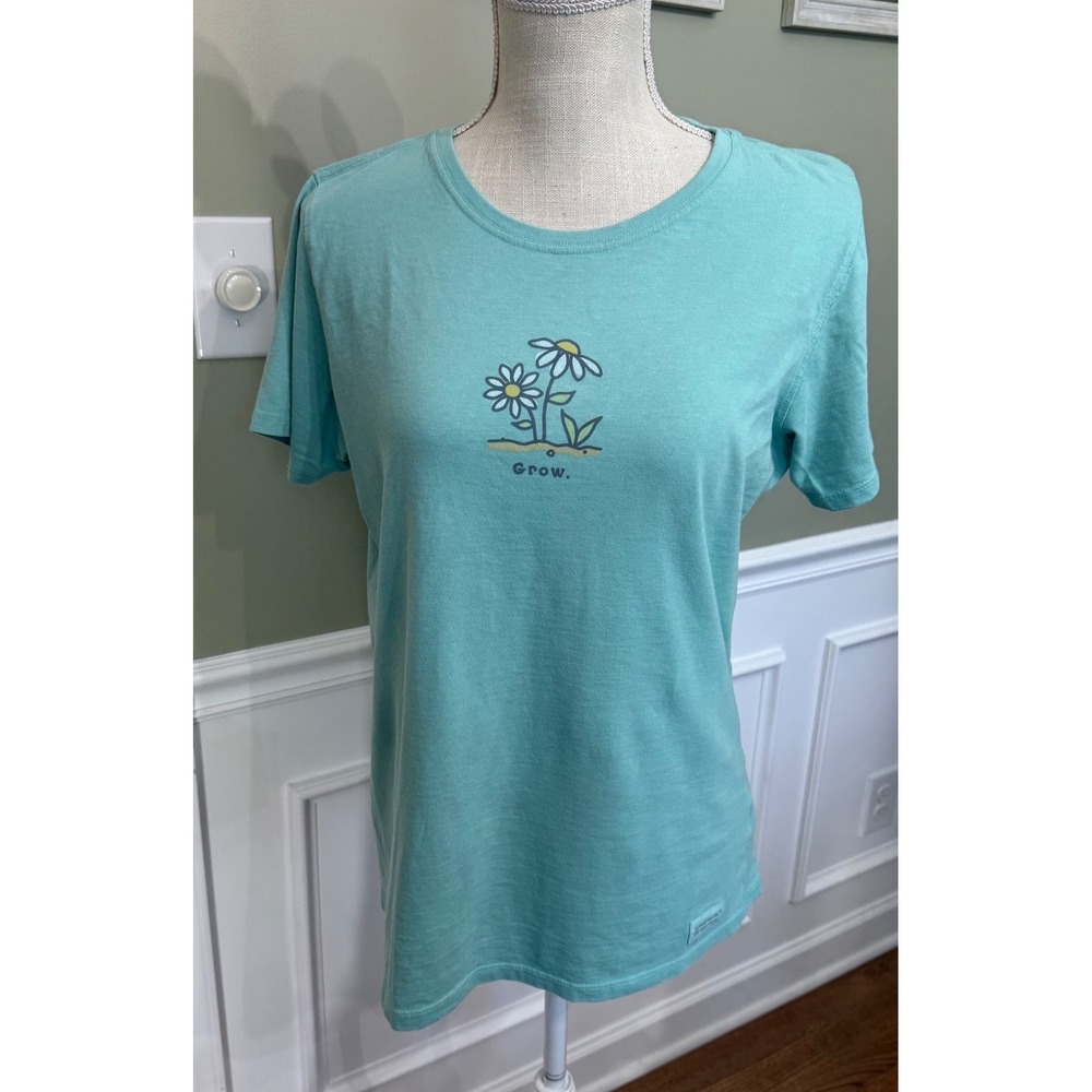 Life is Good Womens Classic Fit Grow Daisy Graphic T-Shirt Aqua Blue Size M